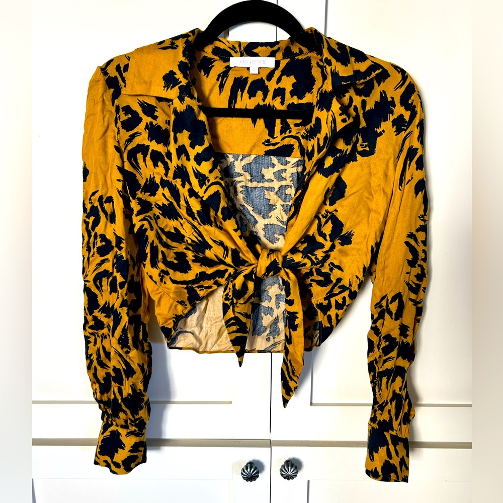 Olivaceous Mustard Yellow Long-sleeve Front Tie Blouse